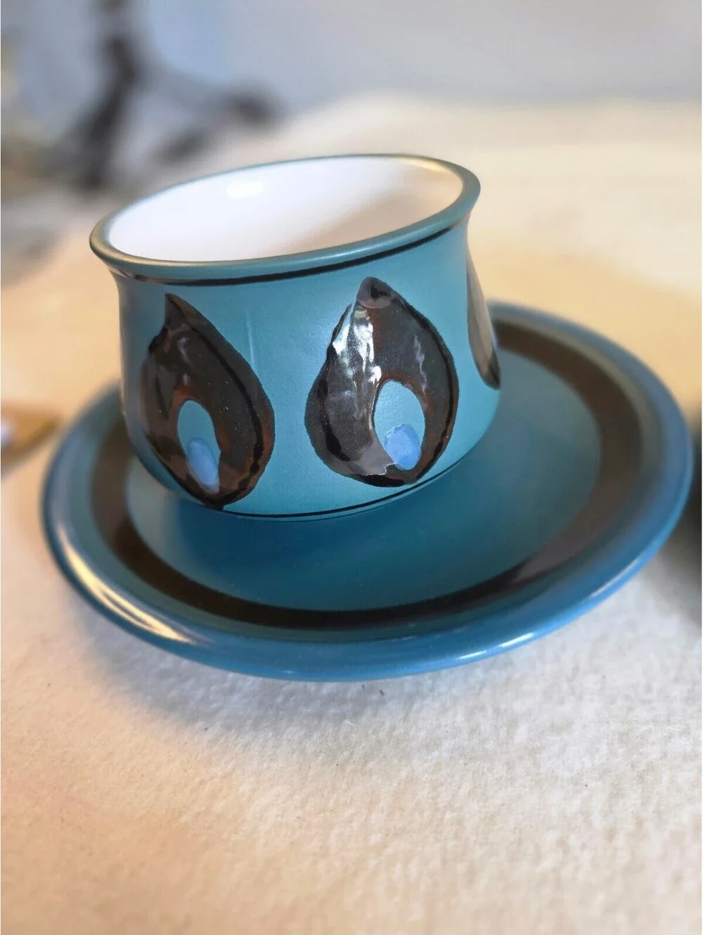 Vintage Jonas Roberts Stoneware Teal Blue Cup Saucer Set of 2 Mid Century